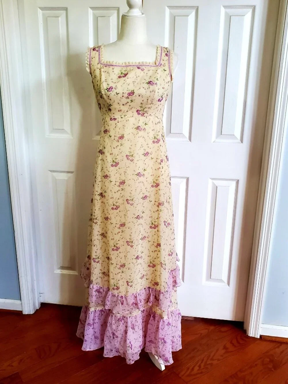 Vintage Floral Prairie Cottagecore Lace Coquette Maxi Dress Sabrina Ann 10